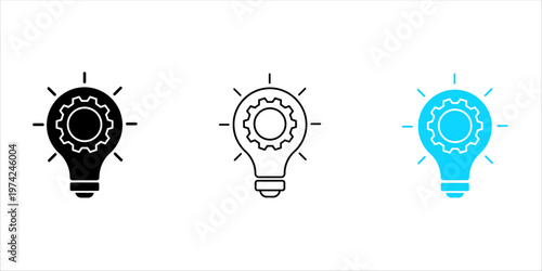 Light bulb with gear icon set in three styles, concept of industrial innovation, engineering process automation, and smart creative ideas in minimalist outline and solid flat design.