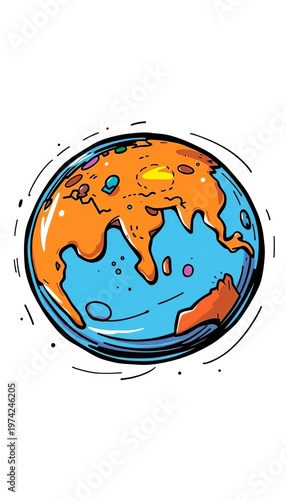 Stylized doodle of a spinning planet, energetic and playful,  spinning,  illustration