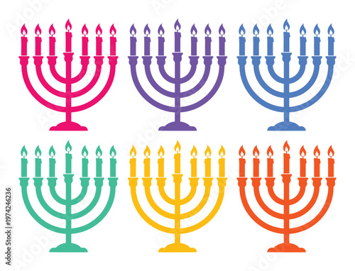 Hanukkah menorah vector icons set, colorful Jewish chanukiah with burning candles, traditional holiday symbols for greeting cards and invitations