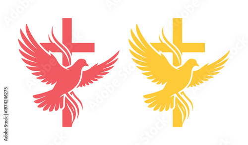 Christian cross with flying dove vector icons, religious holy spirit symbols in red and gold, church logo elements for spiritual design
