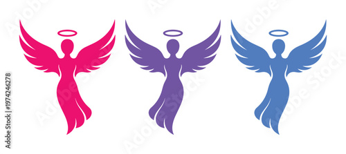 Minimalist angel silhouette vector set, heavenly female figures with wings and halos, spiritual guardian icons in pink purple and blue colors