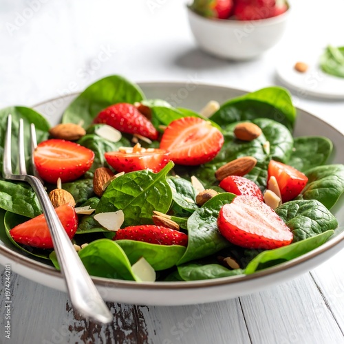 A vibrant closeup showcases a salad bowl brimming with fresh spinach, sliced strawberries, and toasted almond slivers. A fork rests invitingly