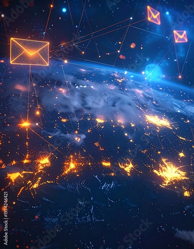 Futuristic digital artwork showing stylized envelopes floating above a planet with interconnected glowing lines. Represents global communication