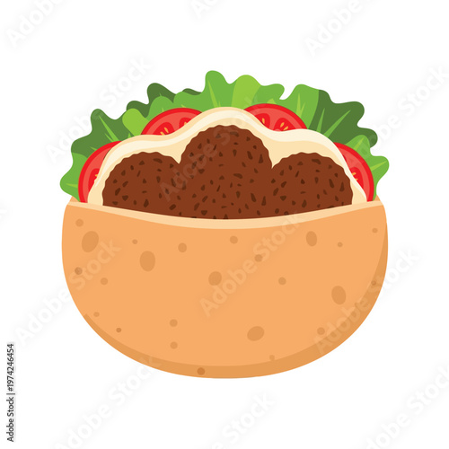 Falafel pita sandwich vector illustration with lettuce and tomato, isolated on white background