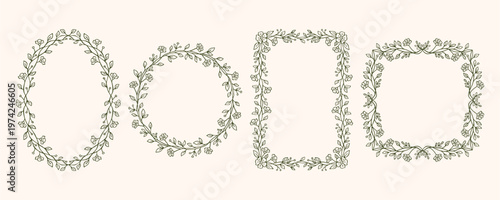 Floral whimsical hand-drawn vector frame set: oval, round, rectangular, and square outlines with leaves, branches, and small flowers. Perfect for invitations, cards, and branding