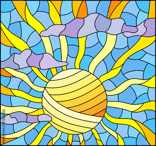 Stained glass style illustration with bright sun, clouds on the sky background