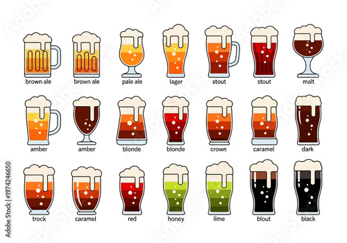 Craft Beer Types and Color Guide Vector Icons Set - Lager, Ale, Stout, Malt, and Specialty Brews Infographic Elements
