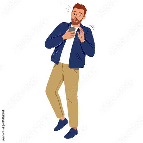 Man reacts shocked looking at phone in hands standing still