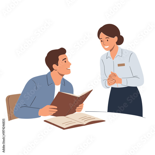 A man and woman interact at a table with an open book.