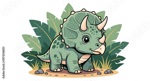 Cute Baby Triceratops Dinosaur Illustration, Cartoon Green Prehistoric Animal in Jungle for Kids Nursery and Stickers