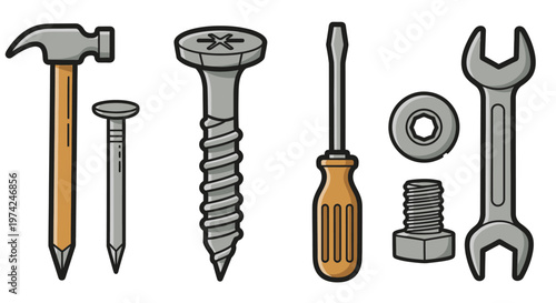 Collection of essential hand tools and fasteners on white background