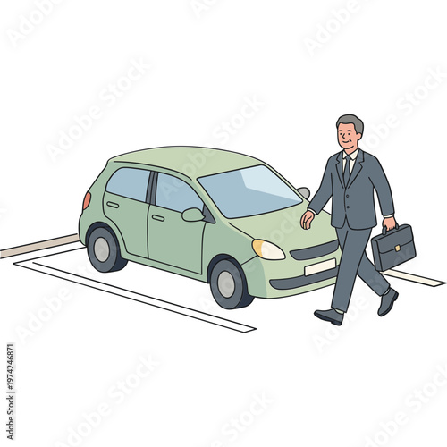Businessman walking towards a green car on a city street with briefcase