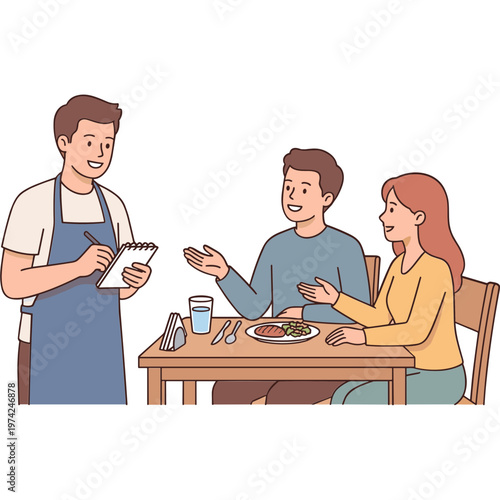 A waiter serves food to a couple in a restaurant setting indoors.