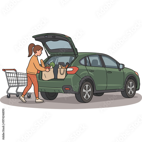 Woman loading groceries into car trunk from shopping cart