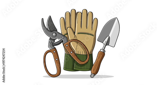 Gardening tools set featuring pruners gloves and a trowel