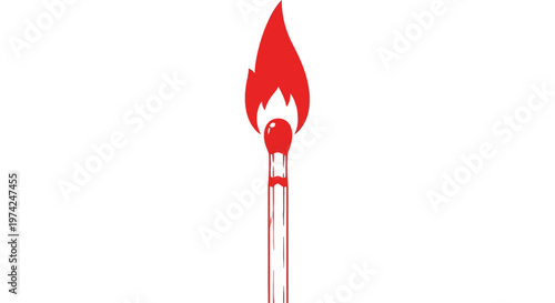 Lit matchstick with red flame on white background