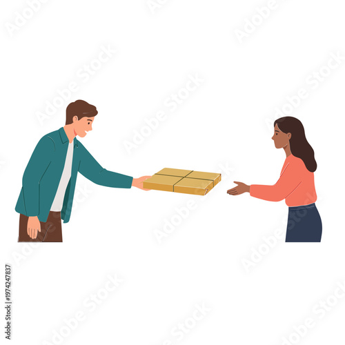 Man handing pizza box to woman in casual clothing indoors