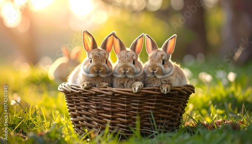 Three fluffy rabbits nestled in a woven basket bask in the golden light of a sunny day in a lush green field