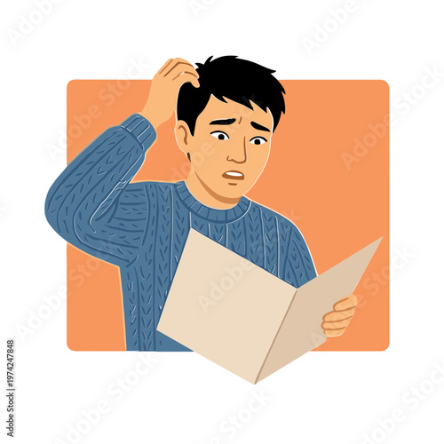 Man with confused expression looking at document scratching head