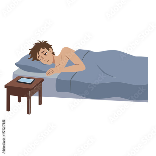 Person sleeping peacefully in bed next to a bedside table with a tablet