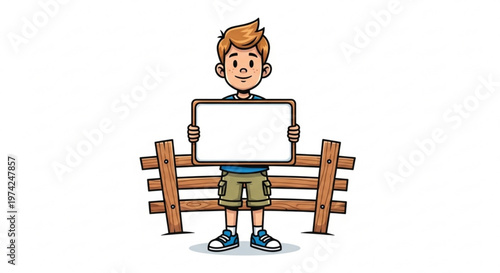 Young boy holding a blank sign while sitting on a wooden bench cartoon illustration for advertising or educational content