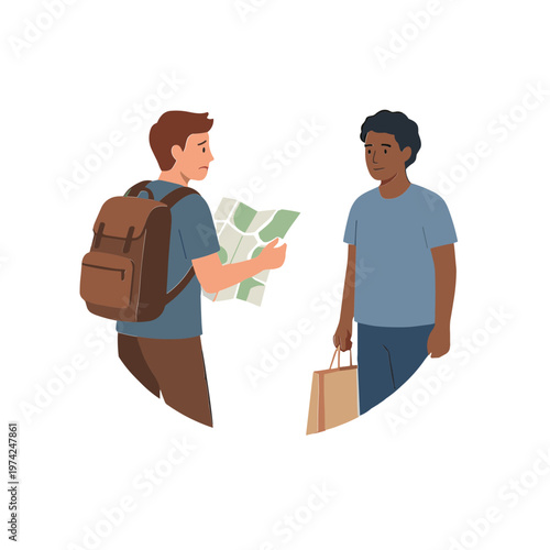Two men exchanging money and a shopping bag outdoors casually
