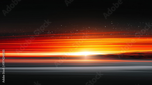 An intensely bright abstract background showcasing powerful horizontal light streaks in vivid orange and red, emerging from a central glowing point a dark backdrop.