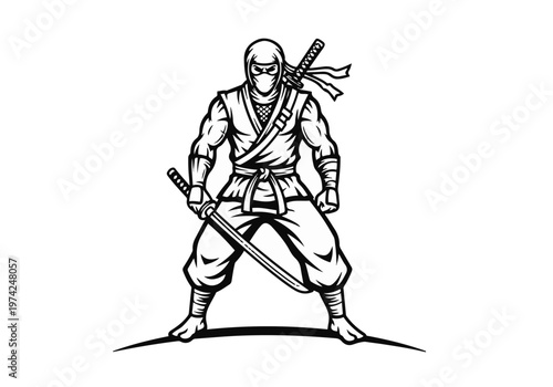 Ninja Warrior Mascot Vector Illustration Standing Samurai Assassin with Katana Swords