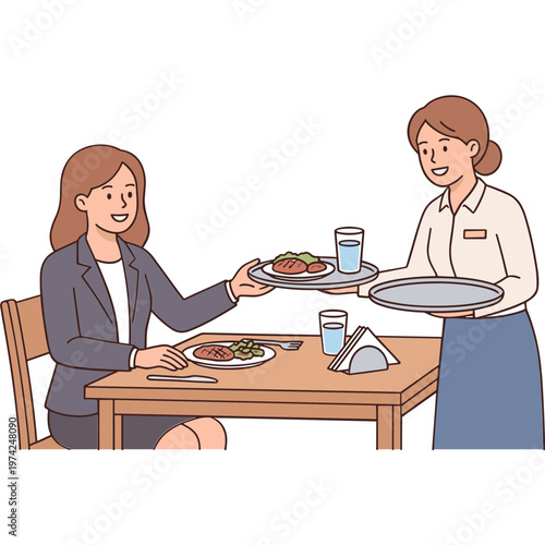 Woman receives food from waitress at indoor dining table with dishes