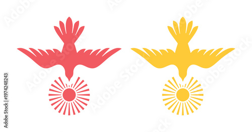 Tableau sur toile Minimalist dove bird silhouettes with sunburst icons, religious holy spirit symb