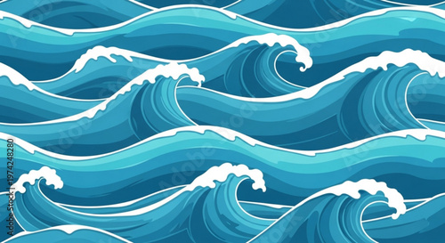 A vibrant vector illustration of ocean waves in various shades of blue with white foam.