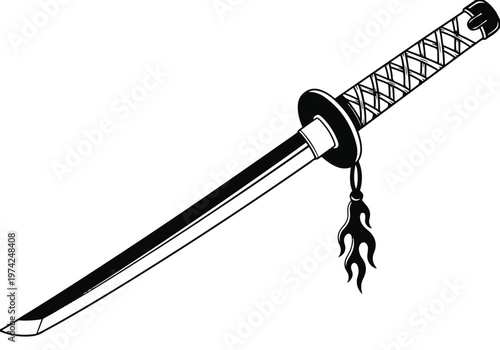 Japanese Katana Sword Vector Illustration Isolated Samurai Weapon with Flame Tassel
