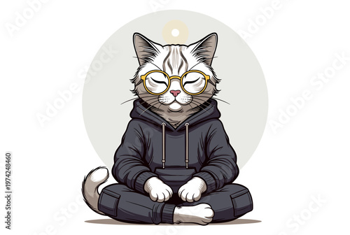 Finding tranquility in style: this cool kitty embodies chill vibes in a cozy hoodie and stylish glasses.