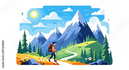 A colorful vector illustration of a hiker on a winding trail in a mountainous landscape with trees and a sunny sky