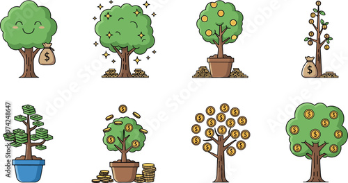 Money Tree Vector Collection with Dollar Signs, Coins, and Cash Bags Illustrating Financial Growth, Prosperity, and Wealth Concept Design