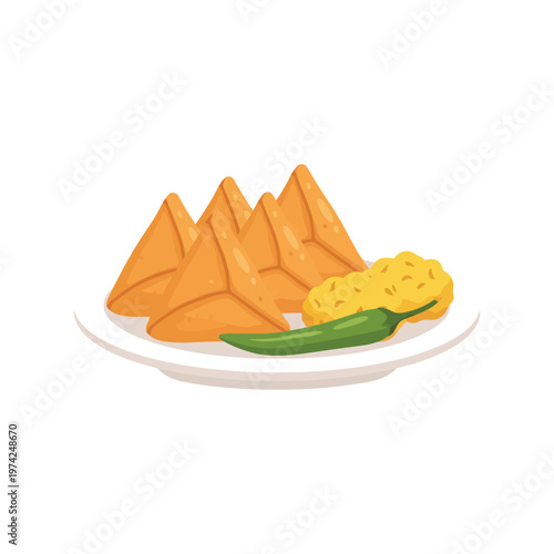 Indian samosa and pakora on plate vector illustration for restaurant menu and food design