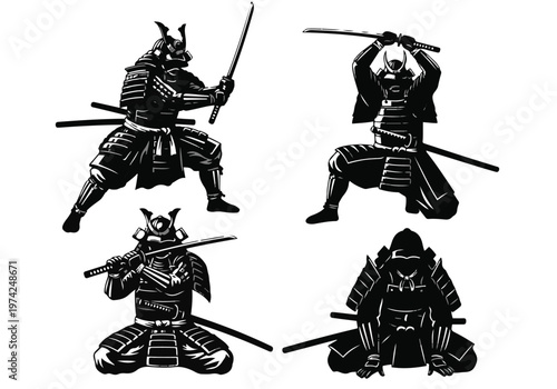 Japanese Samurai Warrior Silhouette Set with Katana Sword and Traditional Armor