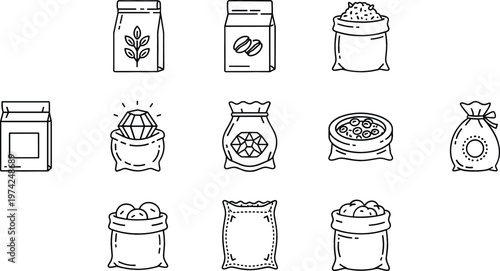 Food Packaging Sack and Product Storage Bag Outline Icons Vector Set for Grocery Agriculture Retail and Supply Design Projects