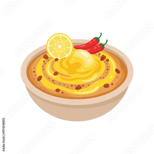 Hummus Bowl with Lemon and Chili Pepper Garnish Vector Illustration on White Background