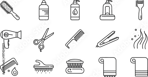 Hair Care and Salon Tools Outline Icons Vector Set Featuring Brush Dryer Scissors Shampoo Comb Straightener and Styling Accessories