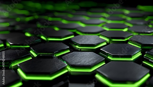 Futuristic Hexagonal Pattern with Green Neon Glow Abstract Background.