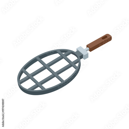 Barbecue Grill Grid with Wooden Handle Isometric Vector Illustration for Cooking Designs