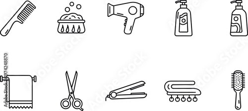 Hair Care and Grooming Tools Icons Collection Featuring Shampoo, Comb, Blow Dryer, Scissors, and Hair Straightener for Beauty and Salon Design