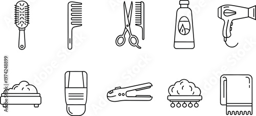 Hair Care and Grooming Tools Outline Icons Vector Set Featuring Comb Scissors Dryer Straightener Shampoo and Salon Accessories