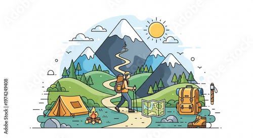 A colorful vector illustration of a hiker with a backpack and trekking poles standing on a winding path in a scenic mountain landscape with a tent and campfire