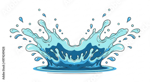 A vibrant blue water splash icon with droplets on a white background