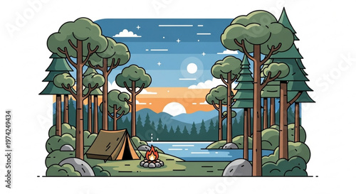 A serene camping scene at dusk with a tent and campfire surrounded by trees near a lake
