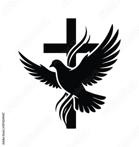 Christian dove and cross silhouette vector, religious holy spirit bird icon, black and white church symbol for baptism and funeral stationery