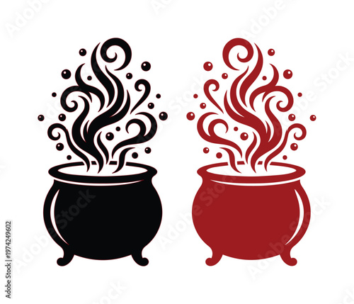 Witch cauldron vector icons with swirling magic steam, mystical boiling pot silhouettes in black and red, occult alchemy brewing equipment