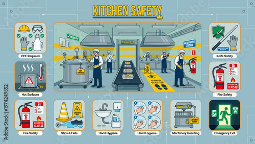 Essential Kitchen Safety Practices: Ensuring a Safe Cooking Environment with Proper Equipment, Hygiene, and Emergency Protocols.